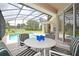 Screened-in pool area with outdoor seating area, chairs, table and a view of the yard at 423 Corvina Dr, Davenport, FL 33897