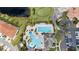 Aerial view of community pool with slides, lap pool, and abundant seating and parking at 3038 Camden Way, Davenport, FL 33837