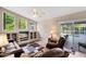 Cozy living room with sliding doors to the screened patio, plush leather seating and built-in shelving at 4216 Gold Rush Ln, St Cloud, FL 34772
