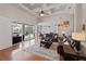 Bright and open living room with hardwood floors and sliding glass doors that lead to a pool at 3852 Brantley Place Cir, Apopka, FL 32703