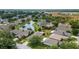 Aerial view featuring a pond with a fountain surrounded by homes with well-maintained lawns and landscaping at 1005 Salamanca Pl, Davenport, FL 33837