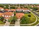 Overhead view of a neighborhood showcasing red tile roofs and various screened-in pools at 16621 Caribbean Breeze Way, Clermont, FL 34714