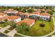An aerial view of a neighborhood featuring screened pools and well-maintained landscaping at 16621 Caribbean Breeze Way, Clermont, FL 34714