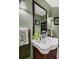 Charming bathroom featuring a pedestal sink with dark fixtures and decorative mirror at 6340 Nelms E Rd, Lakeland, FL 33811