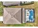 Birds eye view of the house with a brown roof, a blue pool and screened in lanai at 2747 Lido Key Dr, Kissimmee, FL 34747