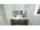 Clean bathroom with double sink vanity, gray cabinets, modern fixtures, and a large mirror at 16837 Sw 47Th Court Rd Rd, Ocala, FL 34473