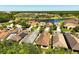 Aerial view shows a residential neighborhood next to a lake with lush grass and palm trees at 1825 Pelican Hill Way, Kissimmee, FL 34759