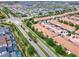 Aerial view highlights community layout with townhomes, a well-maintained road, and lush green landscaping at 2408 Dubai St, Kissimmee, FL 34747