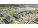 Scenic aerial view of homes surrounding a lake with fountains in a well-maintained community at 2874 Turnstone Run, Harmony, FL 34773