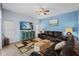 Bright living room with a blue wall, modern decor, and comfortable leather sofa at 4125 Navigator Way, Kissimmee, FL 34746