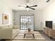 Bright living room with a ceiling fan, sofa, and sliding glass doors to a balcony at 5550 E Michigan St # 2214, Orlando, FL 32822