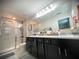 Well-lit bathroom with a double sink vanity, a large mirror, and a glass-enclosed shower with tiled walls at 4871 Coral Castle Dr, Kissimmee, FL 34746