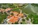 Aerial view of residential community with waterways, mature trees, lush landscaping, and tile roofs at 789 Cielo Trl, Kissimmee, FL 34759