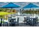 Outdoor seating on patio overlooking a pond with fountain, set under two charming blue umbrellas at 789 Cielo Trl, Kissimmee, FL 34759