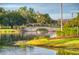 Scenic pond view featuring a charming stone bridge, verdant landscaping, and tranquil water surface at 789 Cielo Trl, Kissimmee, FL 34759