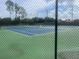 Outdoor tennis court behind a chain link fence featuring a blue and green surface and overhead lights at 9509 Baycliff Ct, Orlando, FL 32836