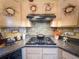 Close-up of a gas stovetop with decorative backsplash and granite countertops at 20249 Macon Pkwy, Orlando, FL 32833