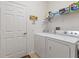 Functional laundry room with a full-sized washer, dryer, shelving and plenty of storage space at 2724 Palm Tree Dr, Poinciana, FL 34759
