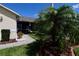 Beautifully landscaped lawn with mulch beds, palm trees, and a sidewalk path at 127 Club Villas Ln, Kissimmee, FL 34744