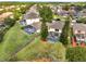 An aerial view shows multiple homes with screened-in pools and large backyards in a lush, green neighborhood at 997 Lake Berkley Dr, Kissimmee, FL 34746