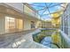 Screened in backyard pool with concrete deck and view of home with sliding glass doors at 638 Kangaroo Dr, Poinciana, FL 34759