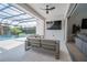 Covered patio with comfortable seating, a ceiling fan, and a view of the pool at 6953 Broglie St, Orlando, FL 32827