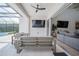 Covered patio with comfortable seating, a ceiling fan, and a view of the pool at 6953 Broglie St, Orlando, FL 32827