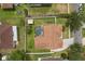 An overhead view displays a pool home featuring a fenced-in yard, mature landscaping, and a backyard storage shed at 2289 Jessica Ln, Kissimmee, FL 34744
