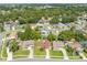 High aerial perspective of a community with tree-lined streets and single-Gathering houses, marked target location at 2430 Mill Run Blvd, Kissimmee, FL 34744