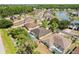Aerial view of a residential neighborhood with private backyard pools and a tranquil lake in the distance at 5365 Dahlia Reserve Dr, Kissimmee, FL 34758