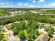 Scenic aerial view of a community nestled amidst lush greenery, showcasing the serene lake and verdant landscape at 6886 Sundrop St, Harmony, FL 34773