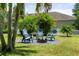 Outdoor seating area with Adirondack chairs arranged around a modern fire pit at 6886 Sundrop St, Harmony, FL 34773