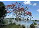 Lush backyard featuring a vibrant, mature tree with red blooms by a scenic lake at 954 Hacienda Cir, Kissimmee, FL 34741