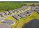 An aerial view of neighborhood homes near a lake featuring manicured lawns and consistent design at 1014 Umbria Dr, Kissimmee, FL 34759