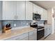 Modern kitchen featuring gray cabinets, granite countertops, stainless steel appliances, and tile backsplash at 1158 Oak Valley Dr, Auburndale, FL 33823