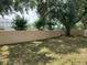 Backyard with green grass and a beige wall surrounded by trees at 13226 Galicia St # 103, Orlando, FL 32824