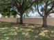 View of the backyard with green grass and a beige wall surrounded by trees at 13226 Galicia St # 103, Orlando, FL 32824