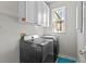Laundry room with modern black washer and dryer and overhead shelving at 2005 Pitch Way, Kissimmee, FL 34746