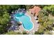 Overhead shot of a kidney-shaped pool, surrounded by lounge chairs and tropical foliage at 3071 Seaview Castle Dr, Kissimmee, FL 34746