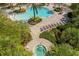 Stunning community pool area with a hot tub, lots of lounge chairs, and lush tropical landscaping at 308 Yellow Snapdragon Dr, Davenport, FL 33837