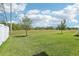 Wide view of a fenced backyard featuring a green lawn and scattered trees, partially under high voltage electric lines at 12379 Turtle Grass Dr, Orlando, FL 32824