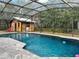 Enclosed pool area featuring a sparkling blue pool, travertine decking, and a charming shed in the background at 1849 Kings Point Blvd, Kissimmee, FL 34744