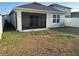A view of the backyard with a screened in patio and sparse landscaping at 6783 Grace Hammock Rd, Harmony, FL 34773