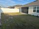 An expansive backyard featuring a screened lanai and white vinyl fence at 6783 Grace Hammock Rd, Harmony, FL 34773