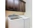 Laundry room includes modern white washer and dryer beneath dark cabinets, providing practical laundry solutions at 819 San Raphael St, Kissimmee, FL 34759