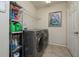 Well-equipped laundry room with modern washer and dryer set and shelving at 3890 Prairie Reserve Blvd, Orlando, FL 32824