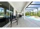 Covered patio has comfortable seating next to the pool at 438 Marcello Blvd, Kissimmee, FL 34746