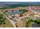 Birds eye view of homes surrounding a serene lake with community pool and clubhouse, showcasing the neighborhood layout at 209 Rosso Dr, Davenport, FL 33837