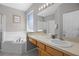 Bathroom showcasing a tub, walk-in shower, large framed mirror, and single sink vanity with gray walls at 209 Rosso Dr, Davenport, FL 33837