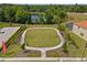 Beautiful community green space that is surrounded by sidewalks and has sitting benches with a pool visible at 209 Rosso Dr, Davenport, FL 33837